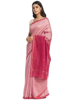 Fabindia - Pink Hand Block Print Cotton Silk Sari