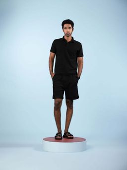PANGOLIN - Off Duty Black Solid Polo T-Shirt & Shorts (Set of 2)