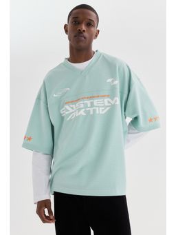 H&M - Men Green Oversized Fit Printed mesh t-shirt