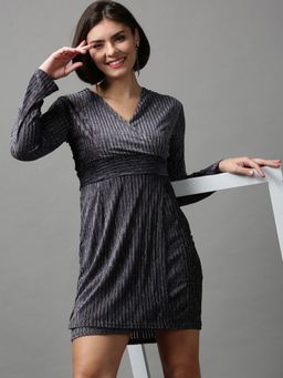 SHOWOFF - Womens Self Design Grey Knee Length Empire Dress