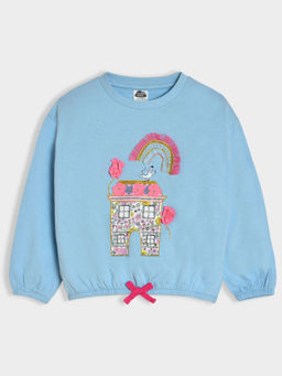 Mi Arcus - Blue Round Neck Printed Top for Girls