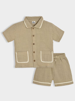 Mi Arcus - Solid Cotton Beige Half Sleeves Shirt with Shorts (Set of 2)