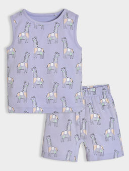 Mi Arcus - Purple Printed Cotton Sleeveless T-Shirt with Shorts (Set of 2)