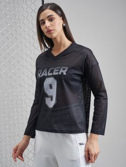 TOKYO TALKIES - Women Black Sporty V Neck Drop Shoulder Loose T-Shirt