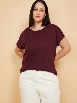 max - Women Maroon Embroidered Panel T-shirt