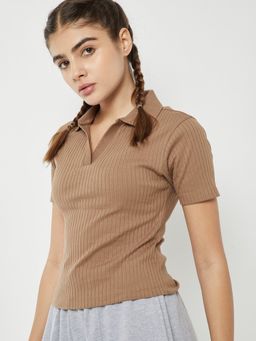 max - Women beige Ribbed Johnny Collar Polo T-shirt