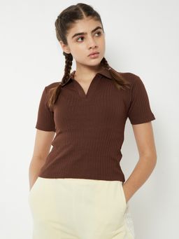 max - Women Brown Ribbed Johnny Collar Polo T-shirt