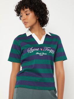 max - Women Striped Collar Polo T-Shirt