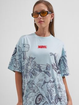 TOKYO TALKIES - Marvel Women Blue Printed Oversized T-Shirt