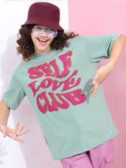 TOKYO TALKIES - Green Typography Printed Oversized T-Shirt