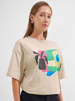 TOKYO TALKIES - Women Beige Oversized T-Shirt