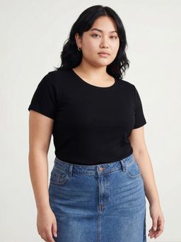 max - Women Black Ribbed T-shirt