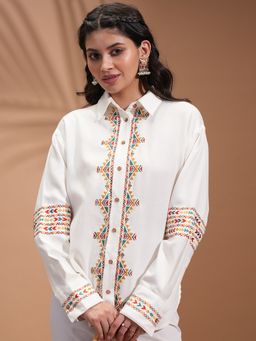 VISHUDH - Women White Embroidered Overshirt