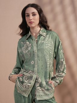 VISHUDH - Green Floral Printed Cutaway Collar Shirt
