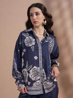 VISHUDH - Navy Blue Floral Printed Cutaway Collar Shirt