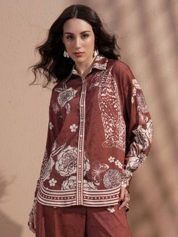 VISHUDH - Brown Floral Printed Cutaway Collar Shirt