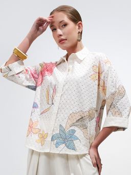 VISHUDH - Women White Self Design Shirt