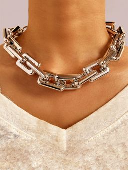 Yellow Chimes - Silver-Toned Thick Link Chain Choker Necklace