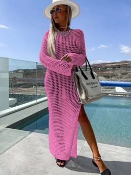 Addery - Pink Knitted Sleeved Split Dress