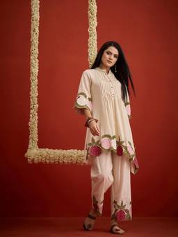 Stylum - Womens Cream Solid and Embroidered Pure Cotton Co-Ord Set
