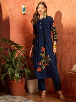 Stylum - Womens Blue Solid and Embroidered Rayon Straight Kurta and Pant