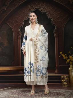 Stylum - Womens Off White Floral Printed Rayon Anarkali Kurta Palazzo Dupatta