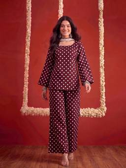 Stylum - Womens Brown Polka Printed Rayon Straight Short Kurti and Palazzo with Dupatta