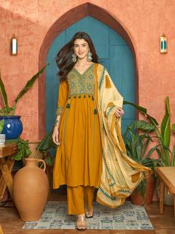 Stylum - Womens Mustard Solid Cotton Anarkali Kurta and Pant with Dupatta