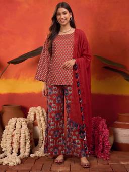 Stylum - Womens Rust Ethnic Printed Cotton Short Kurti and Palazzo with Dupatta