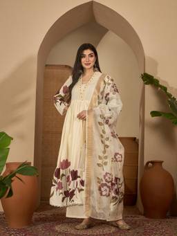 Stylum - Womens Off White Floral Printed Rayon Flared Anarkali Kurta and Palazzo with Dupatta