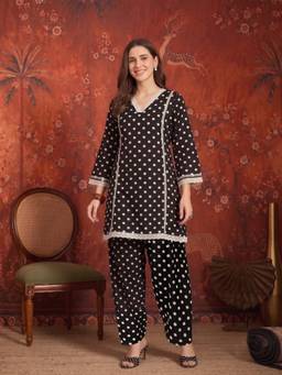 Stylum - Womens Black Polka Dots Printed Rayon A-Line Short Kurti with Farshi Salwar