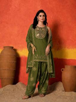 Stylum - Womens Olive Gold Printed and Embroidered Rayon Short Kurti Farshi Salwar Dupatta