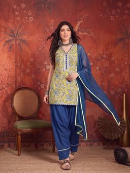 Stylum - Womens Yellow Floral Printed Cotton Straight Short Kurti Farshi Salwar Dupatta