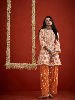 Stylum - Womens Orange Ikkat Printed and Embroidered Cotton Short Kurti with Farshi Salwar