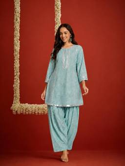 Stylum - Womens Pista Bandhej Printed Rayon A-Line Kurti with Farshi Salwar
