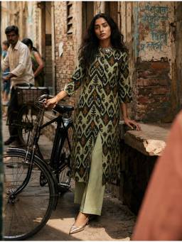 trueBrowns - Mint Green Ikat Print Cotton Kurta and Pant