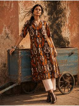 trueBrowns - Cola Orange Ikat Print Cotton High-Slit Kurta and Pant