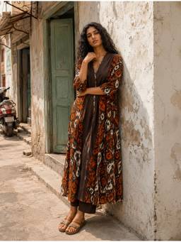 trueBrowns - Cola Orange Ikat Print Cotton Anarkali Kurta with Pant