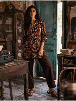 trueBrowns - Cola Orange Ikat Print Cotton Co-Ord Set