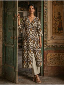 trueBrowns - Mint Green Ikat Print Cotton Angrakha Kurta with Pant