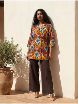 trueBrowns - Brown Ikat Print Cotton Poplin Co-Ord Set
