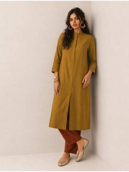 trueBrowns - Olive Brown Solid Viscose Kurta and Pant