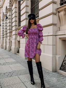 Oh Rare - Women Purple Long-Sleeved Square Collar Small Floral Dress