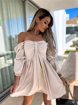 Oh Rare - Women Beige Off-Shoulder Puff Sleeve A-Line Dress