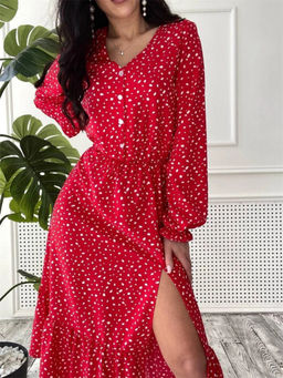 Oh Rare - Women Red Printed A-Line Midi Dress
