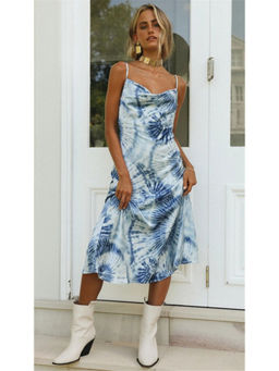 Oh Rare - Women Blue Tie And Dye Print Shoulder Straps Sheath Dress