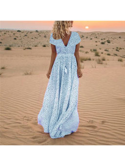Oh Rare - Women Blue Polka Dots Printed Maxi Dress