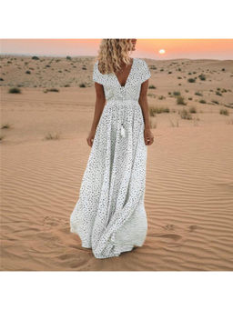 Oh Rare - Women Off White Polka Dots Printed Maxi Dress