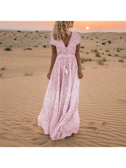 Oh Rare - Women Pink Polka Dots Printed Maxi Dress