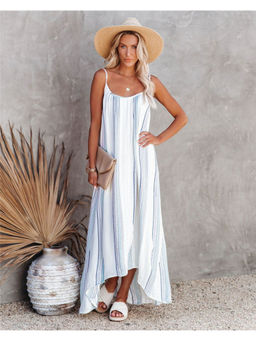 Oh Rare - Women Blue Striped Shoulder Straps Maxi Dress